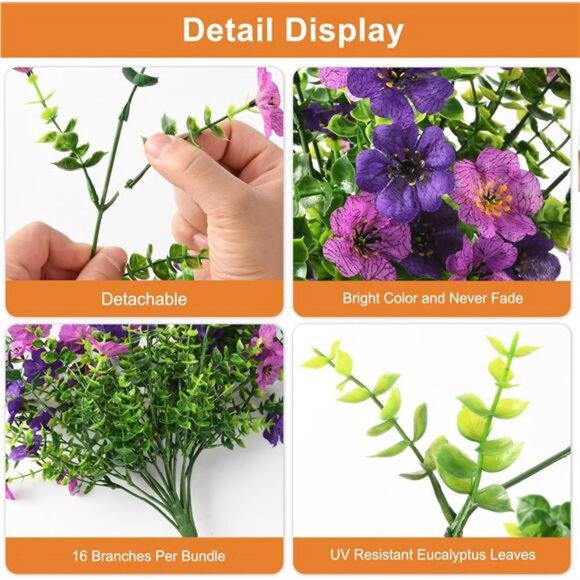 Artificial Hanging Flowers for Outdoors, 2 Pcs Fake Hanging Plant Spring Summer - Picture 3 of 7